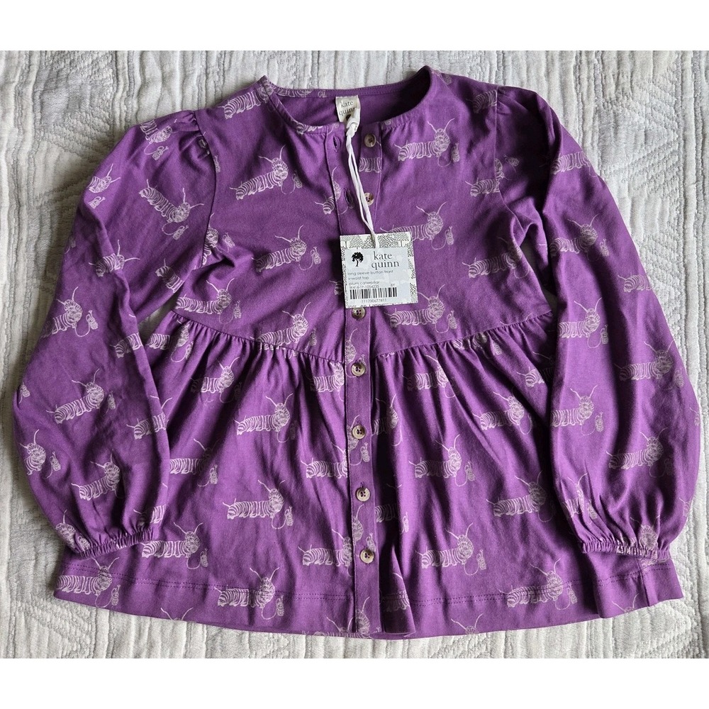 Kate Quinn Plum Caterpillar Button Front V-Waist Top Organic‎ Cotton 8Y NWT